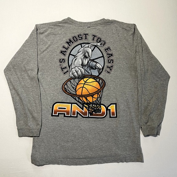 Vintage AND1 Shirt Large Mens Basketball Long Sleeve Gray Double Sided Rap Tee - Picture 1 of 12